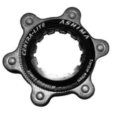 Ashima Ultra Light Centre Lock Hub Adapter for Shimano 6-Bolt Rotors in black, showing the lightweight bike component for disc brakes.