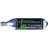 Genuine Innovations hand pump with 16-gram threaded cartridges for bike tires, shown in a box of six accessories.