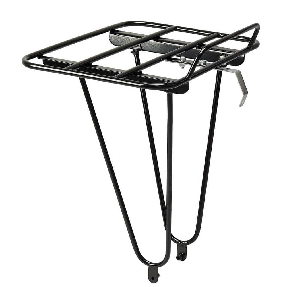 Minoura Gamoh Porteur front bike rack for urban bikes, stylish and functional bike accessories mounted on a modern bicycle.
