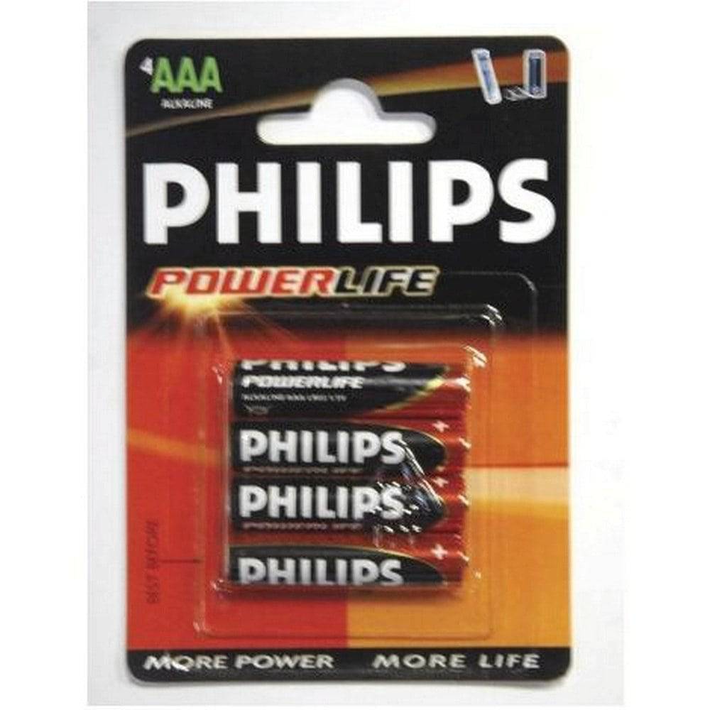 Philips Power Alkaline LR03 AAA batteries pack of 4, reliable long-lasting alkaline batteries for household devices.