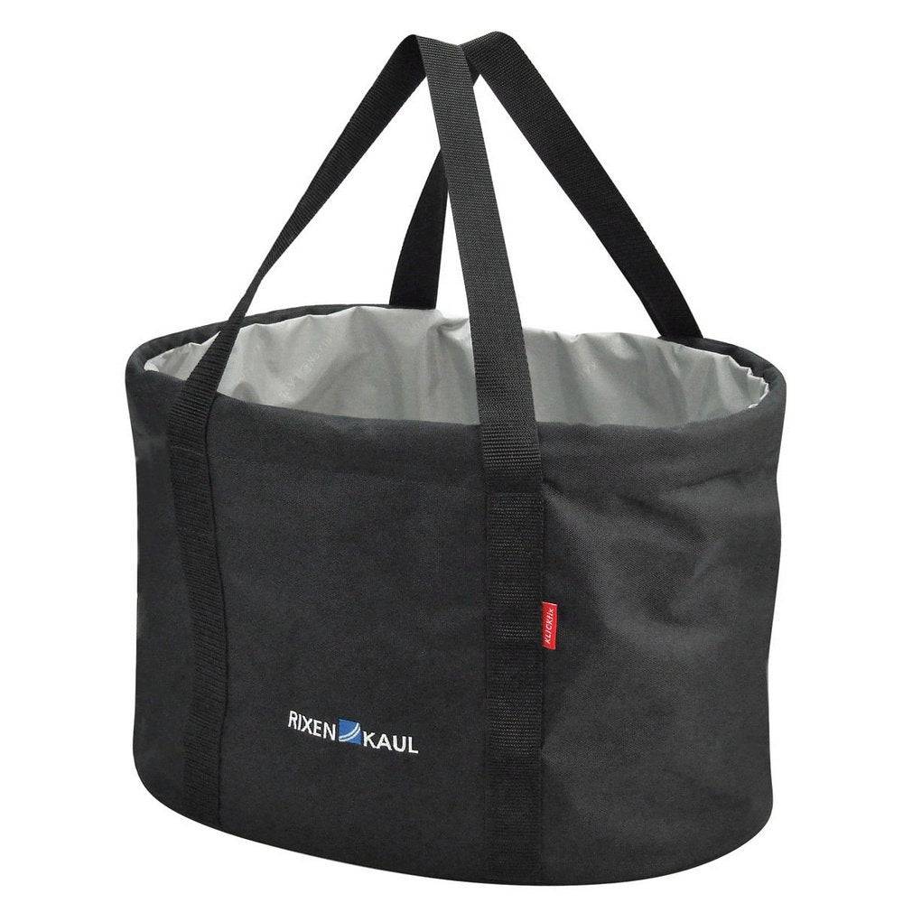 Rixen-Kaul Shopper Pro handlebar bag in black with 24L capacity, cycling storage accessory mounted on bike handlebars.