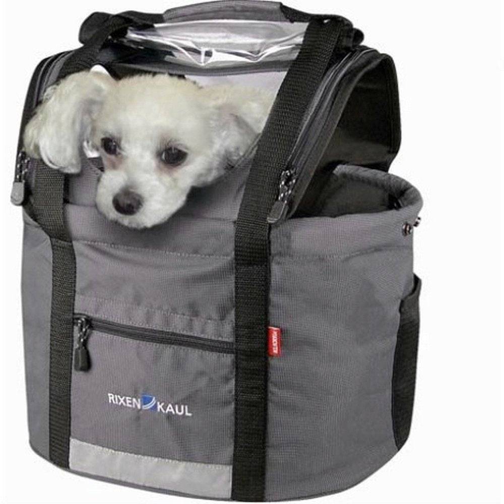 Rixen-Kaul Doggy Handlebar Bag 24L with leash, reflector, and detachable cover mounted on bicycle handlebars.