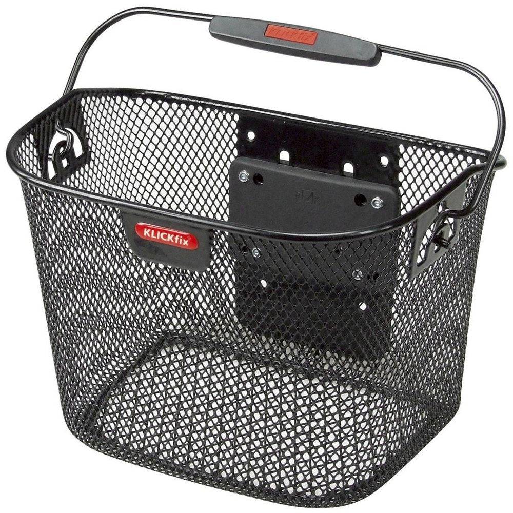 Rixen-Kaul Mini Handlebar Basket 10L in black, mounted on a bike handlebar, compatible with KLICKfix accessories.