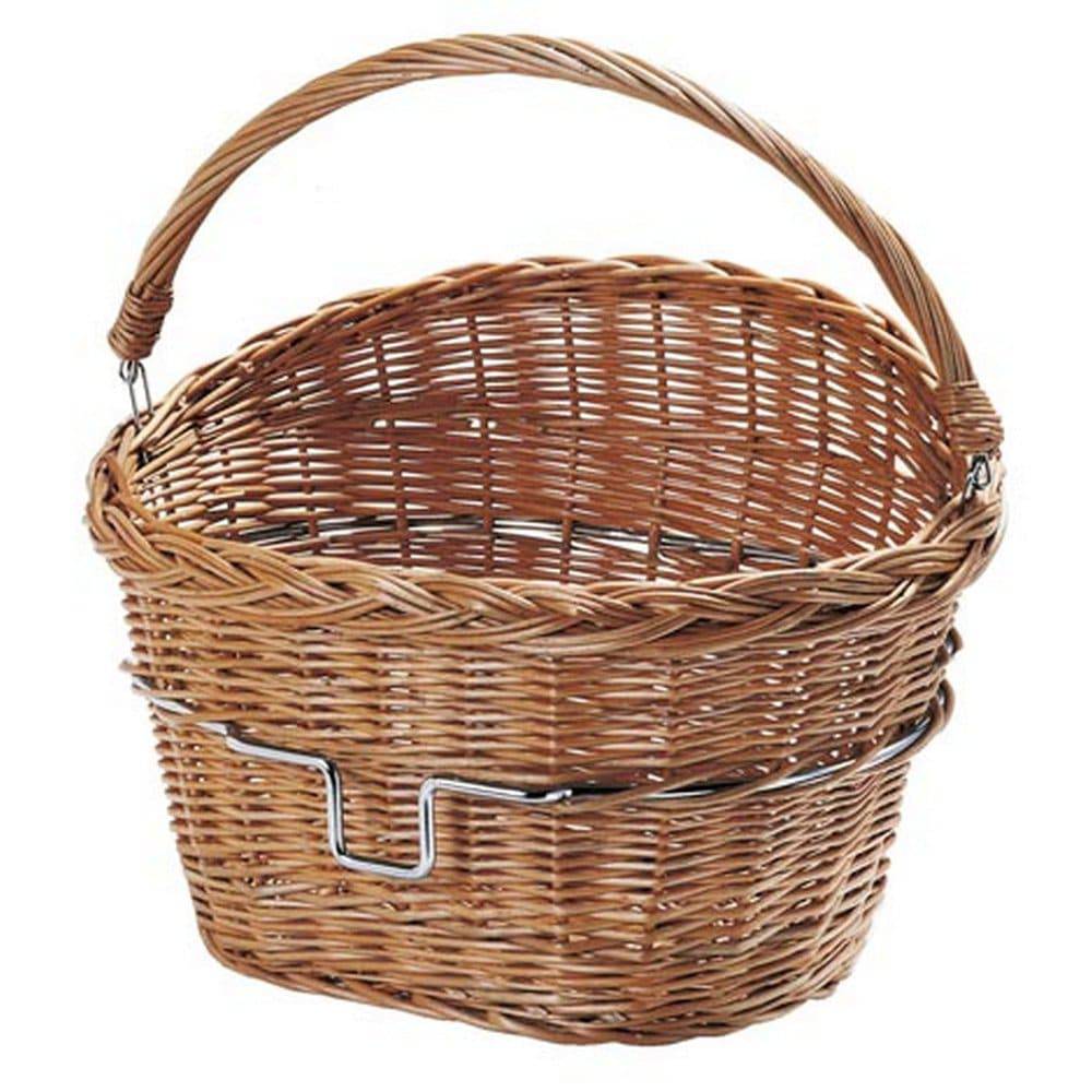 Rixen-Kaul 18L wicker bike basket with foldable handle designed for KLICKfix system, featuring woven wicker exterior and mounting hardware.