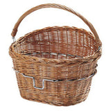 Rixen-Kaul 18L wicker bike basket with foldable handle designed for KLICKfix system, featuring woven wicker exterior and mounting hardware.