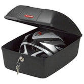 Black Rixen-Kaul 12L lockable rear bike storage box attached to a pannier rack, designed for secure cycling accessory storage.
