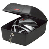 Black Rixen-Kaul 12L lockable rear bike storage box attached to a pannier rack, designed for secure cycling accessory storage.