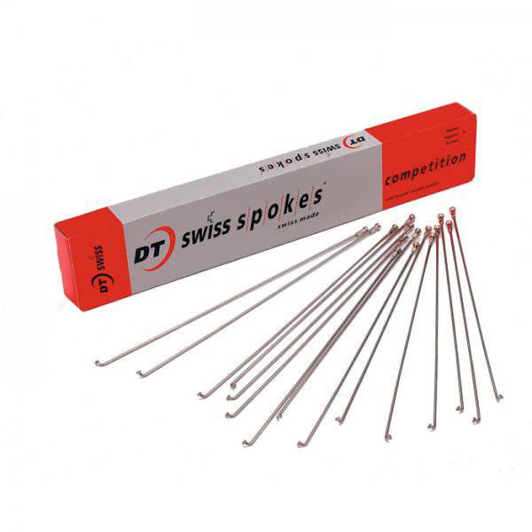 DT Swiss Competition Silver double-butted bicycle spokes, 2/1.8 mm, 299 mm length, in a box of 100 components.