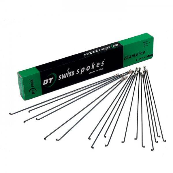 A box of 100 DT Swiss Champion Silver 14G (2mm) high-strength bicycle spokes, 252mm length, for wheel building.