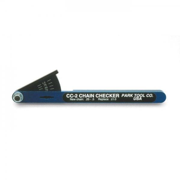 Park Tool CC-2 chain wear indicator for 10-speed bike chains, showing how to measure chain wear accurately in a workshop setting.
