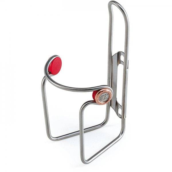 Elite Ciussi Inox stainless steel tubular bottle cage with anti-slip buttons, designed for secure bike bottle holding.