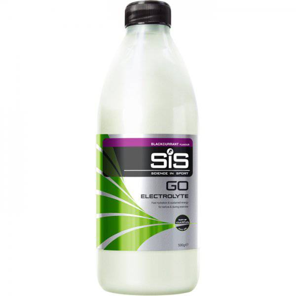 Science In Sport GO electrolyte drink powder in blackcurrant flavor, designed for endurance and hydration, shown in a resealable pouch.