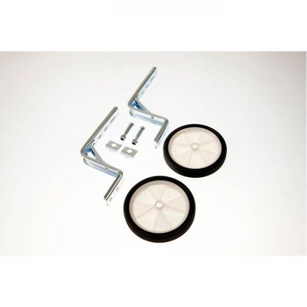 M Part kids stabilisers for 14-20 inch wheel bikes with fitting kit, showing metal stabiliser arms and mounting hardware.