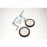 M Part kids stabilisers for 14-20 inch wheel bikes with fitting kit, showing metal stabiliser arms and mounting hardware.
