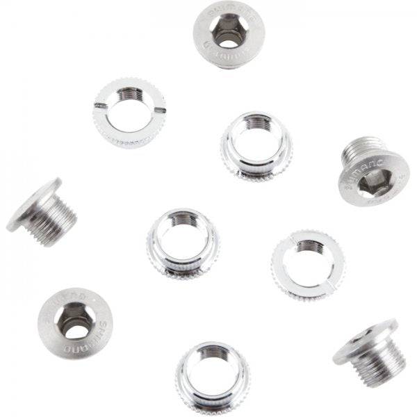 Shimano Dura-Ace Track chainring bolts set of 5 with chrome finish, M8 x 6mm, for bicycle component maintenance.