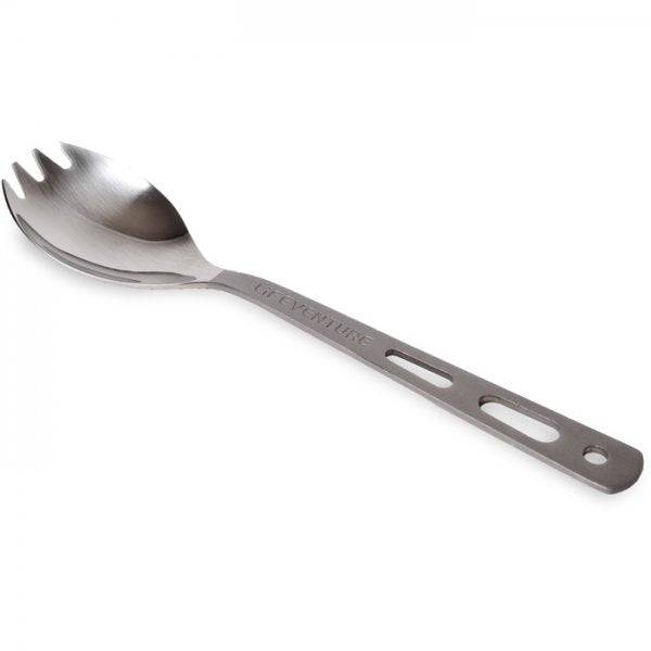 Lifeventure titanium spork, lightweight camping utensil with fork and spoon, ideal for outdoor backpacking and camping accessories.