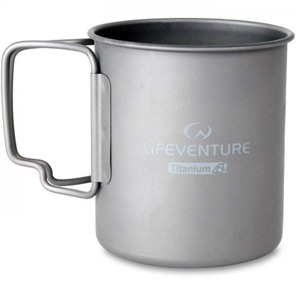 Lifeventure titanium camping mug with 450ml capacity, durable outdoor accessory for hiking and camping.
