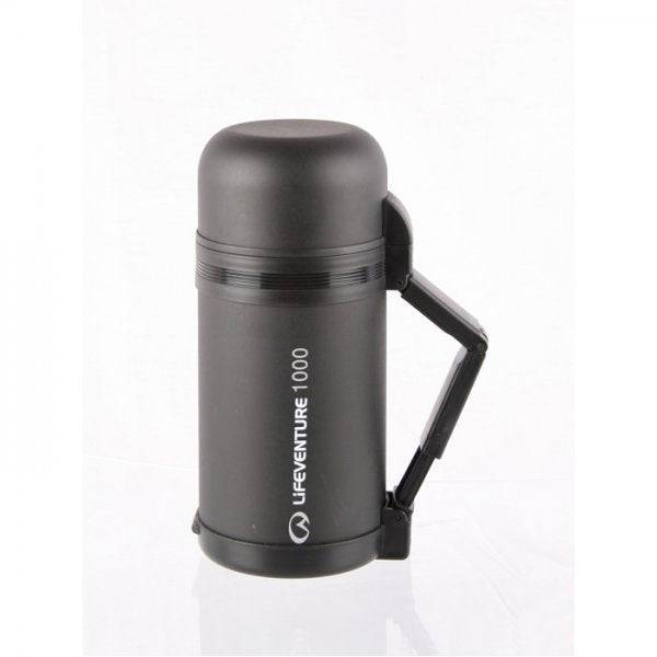 Lifeventure 1000ml stainless steel wide mouth flask showing leak-proof lid and sleek design for hot or cold beverages.
