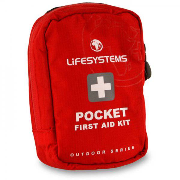 Lifesystems pocket first aid kit with waterproof zip and belt loop attachment, compact medical supplies in a durable case.
