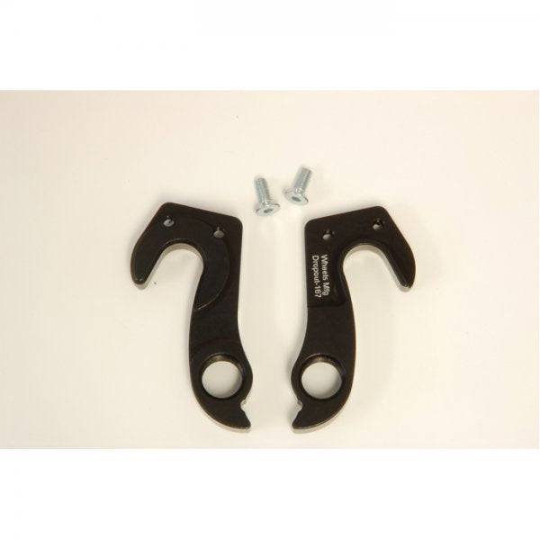 Wheels Manufacturing replaceable derailleur hanger dropout 167 for bike frames, showing the metal component with mounting holes.