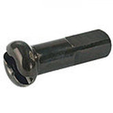 Black alloy DT Swiss 2 x 12 mm nipples for 2 mm spokes, shown in a box of 100, used for bicycle wheel assembly.