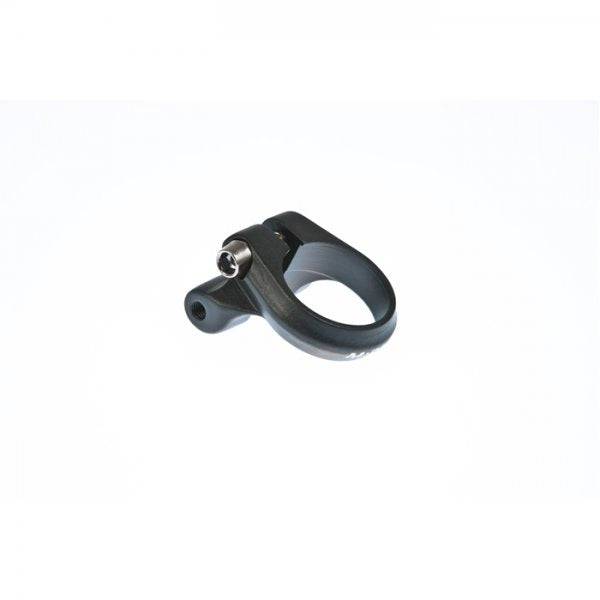Black M Part seat clamp mount with 31.8mm diameter and M5 rack bosses for bike components and secure seat post attachment.