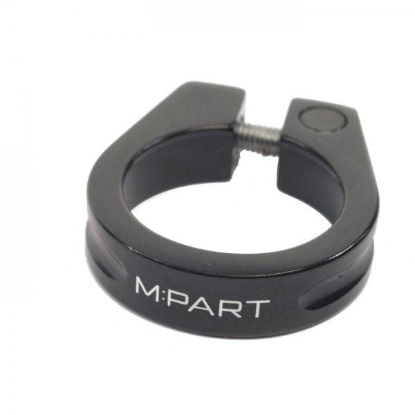M Part Threadsaver seat clamp in black anodised with rotating thread insert, designed for 28.6mm bike seat posts.