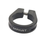 M Part Threadsaver seat clamp in black anodised with rotating thread insert, designed for 28.6mm bike seat posts.