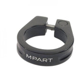 Black M Part Threadsaver seat clamp for 34.9 mm bike seatposts, durable component for secure bike seat fitting.