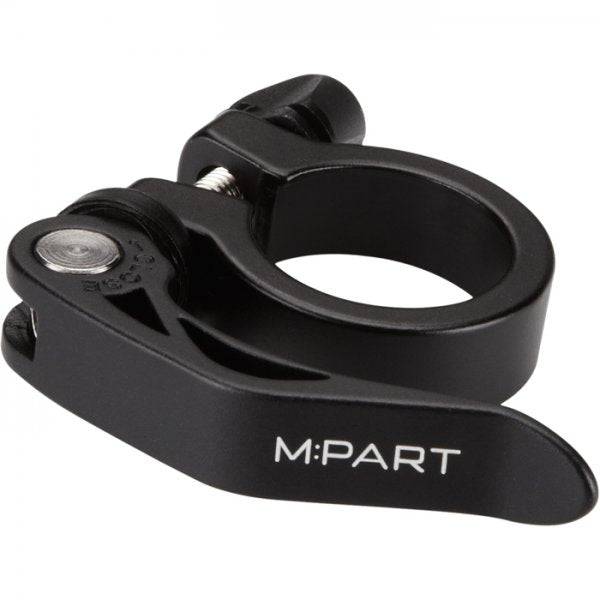 M Part quick release bike seat clamp, 28.6mm, black satin finish, for securing bike seatposts, component for cycling bikes.
