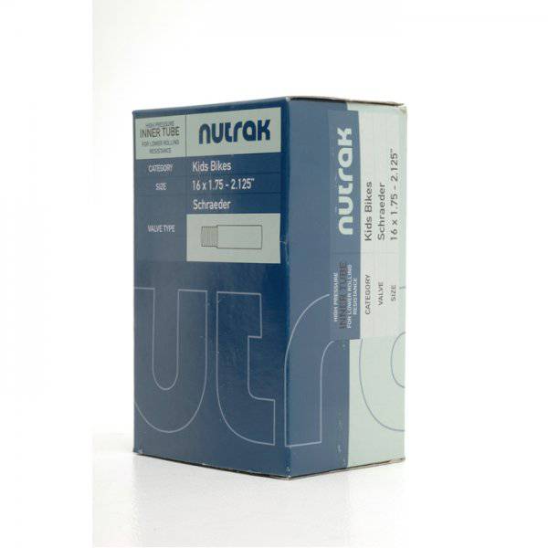 Nutrak bike inner tube with Schrader valve, 16 x 1.75-2.125 inch, for bicycle tires, durable and easy to install.