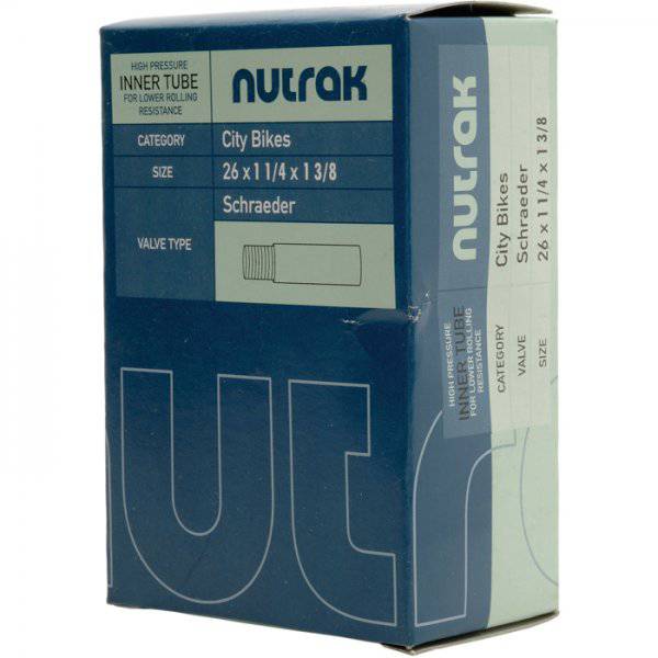 Nutrak bike inner tube with Schrader valve, 26 x 1-1/4 to 1-3/8 inch, designed for bicycle tires.