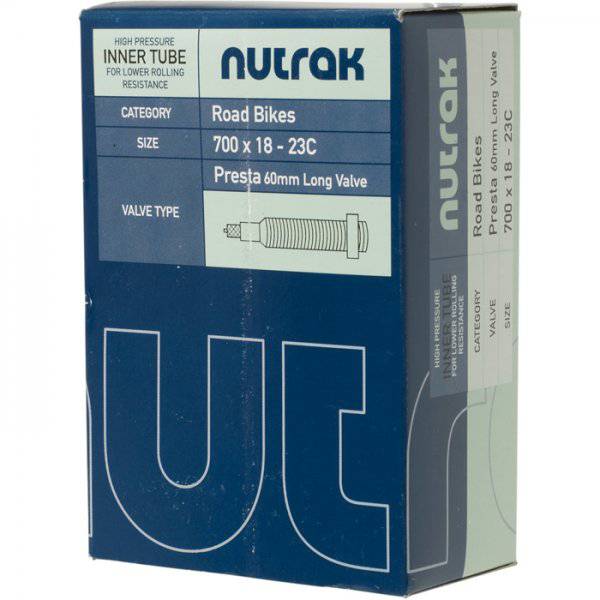 Nutrak 700 x 19-25C road bike inner tube with 60mm Presta valve, designed for bicycle tire replacement and repair.