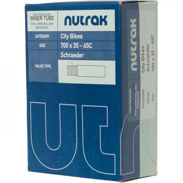 Nutrak 700 x 35-45C Schrader valve inner tube for road bikes, durable replacement component with visible valve and packaging.