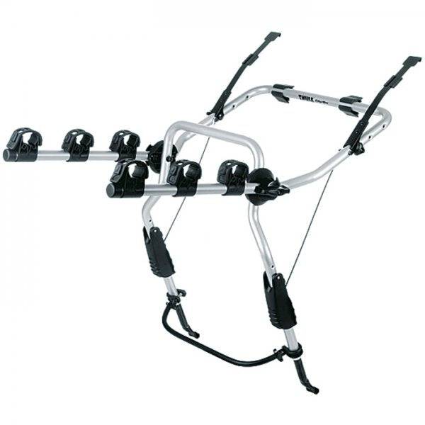 Thule 9103 ClipOn 3-bike rear carrier with secure frame holders attached to a hatchback vehicle.