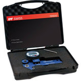 DT Swiss Proline Digital Tensiometer in blue for accurate spoke tension measurement, used in workshop settings.