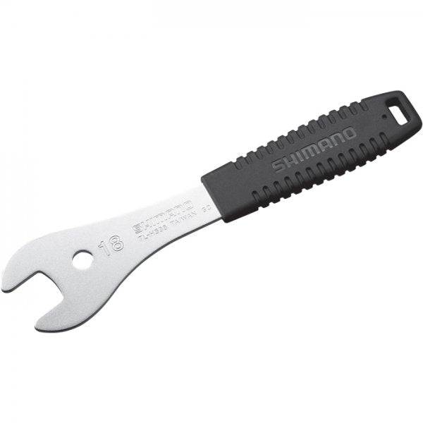 Shimano TL-HS38 18mm cone spanner for bike cone nut adjustment, genuine Shimano workshop tool in use.
