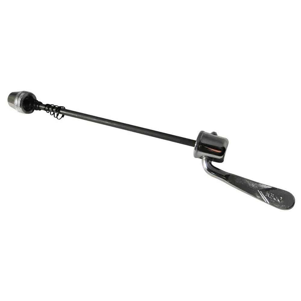Minoura rear wheel quick release skewer for indoor bike trainers, ensuring stable and secure fit for bike accessories.