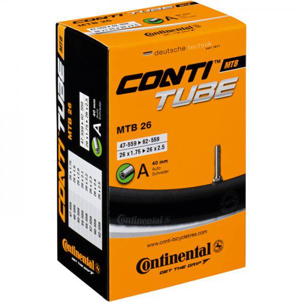 Black Continental MTB tube for 26x2.30-2.70 tires with Schrader valve, suitable for freeride mountain biking.