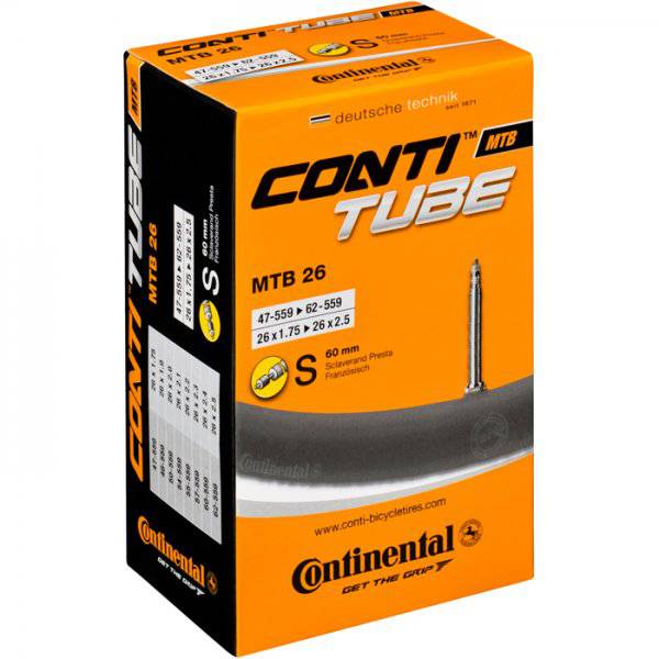 Black Continental MTB tube for 26-inch freeride tires with Presta valve, 2.30-2.70 width, 42mm valve length.
