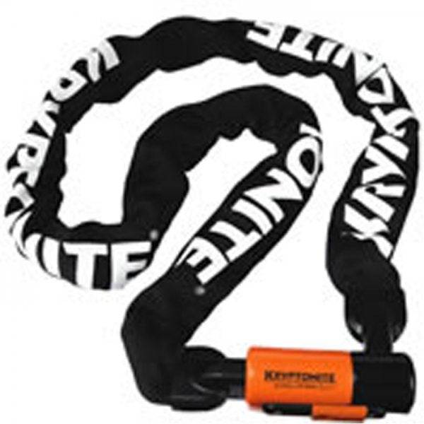 Kryptonite Evolution 1090 integrated 10mm chain lock with gold Sold Secure rating, shown coiled with key and lock mechanism.