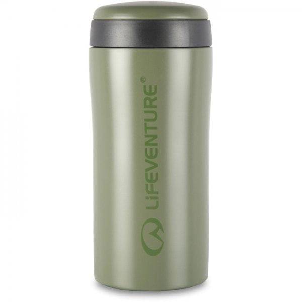Lifeventure 300ml matte khaki thermal mug with vacuum insulation and leak-proof design, designed for hot and cold beverages.