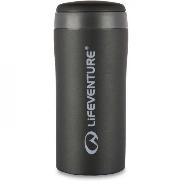 Lifeventure 300ml matte black thermal mug with leak-proof lid, insulated travel cup, perfect for hot and cold beverages on the go.