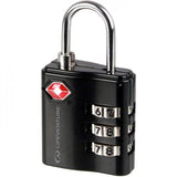 Lifeventure TSA-approved combi lock with customizable 3-dial for travel security, shown in close-up on a travel bag.