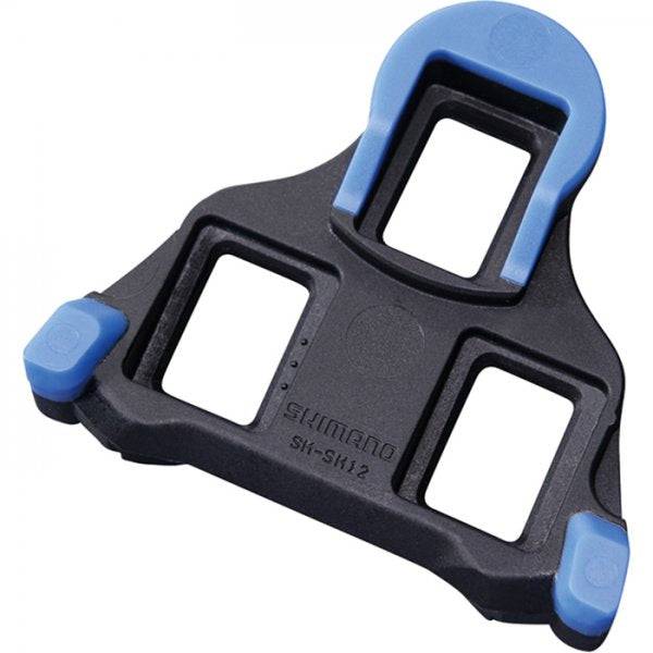 Shimano SM-SH12 SPD-SL blue cleats with 2-degree float for road bike pedals, front pivot design, component for cycling shoes.
