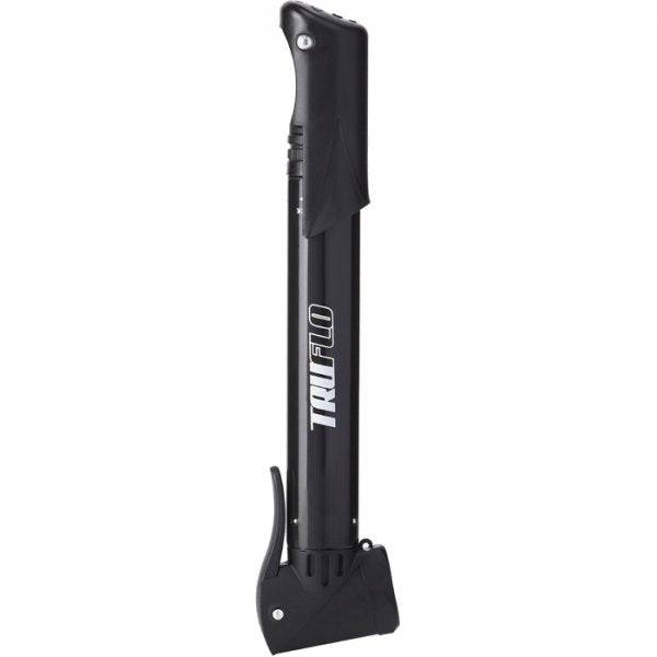 Truflo Micro II mini pump with dual head for Presta and Schrader valves, black, compact bicycle pump accessory.