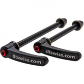 DT Swiss RWS front thru-axle for disc brake bikes, 9x100mm aluminum component, shown installed on bicycle wheel.
