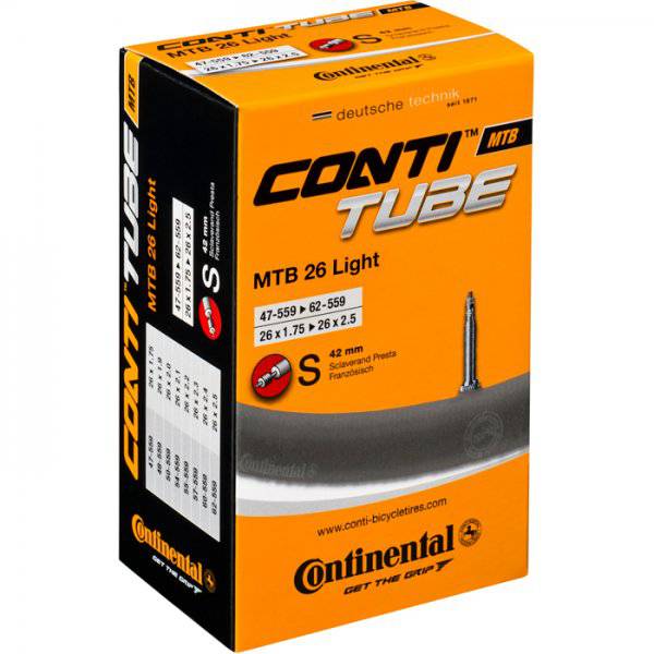 Continental MTB tube with Presta valve, 42mm length, for 26x1.75-2.50 inch tires, black bicycle component.