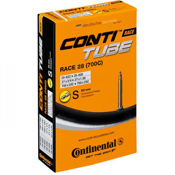 Black Continental Race Tube Presta Valve 42mm for 700x25-35C road bike tires, component for bike tubes and inner tubes.