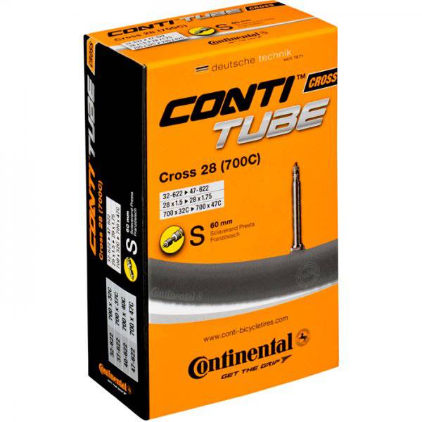 Continental Cross Tube 700x32-47C with 60mm Presta valve for cyclocross bike tires, showing the tube's packaging and valve.